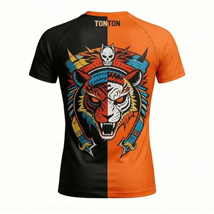 tonton split color custom rash guards back view featuring fierce tiger graphic athletic fightwear