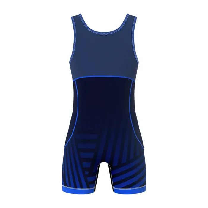 tonton dark blue custom wrestling singlet back view with geometric details competition gear