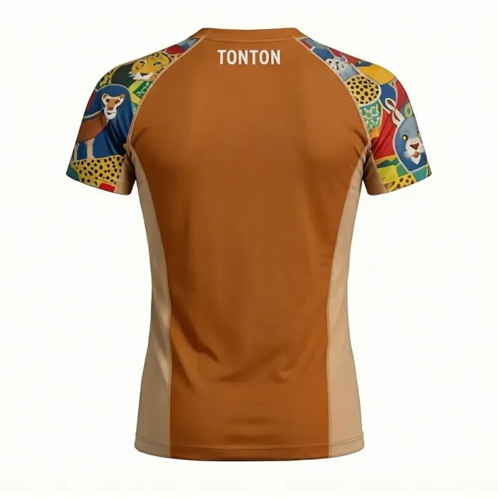 tonton brown custom rash guards back view with geometric tribal patterned sleeves fightwear