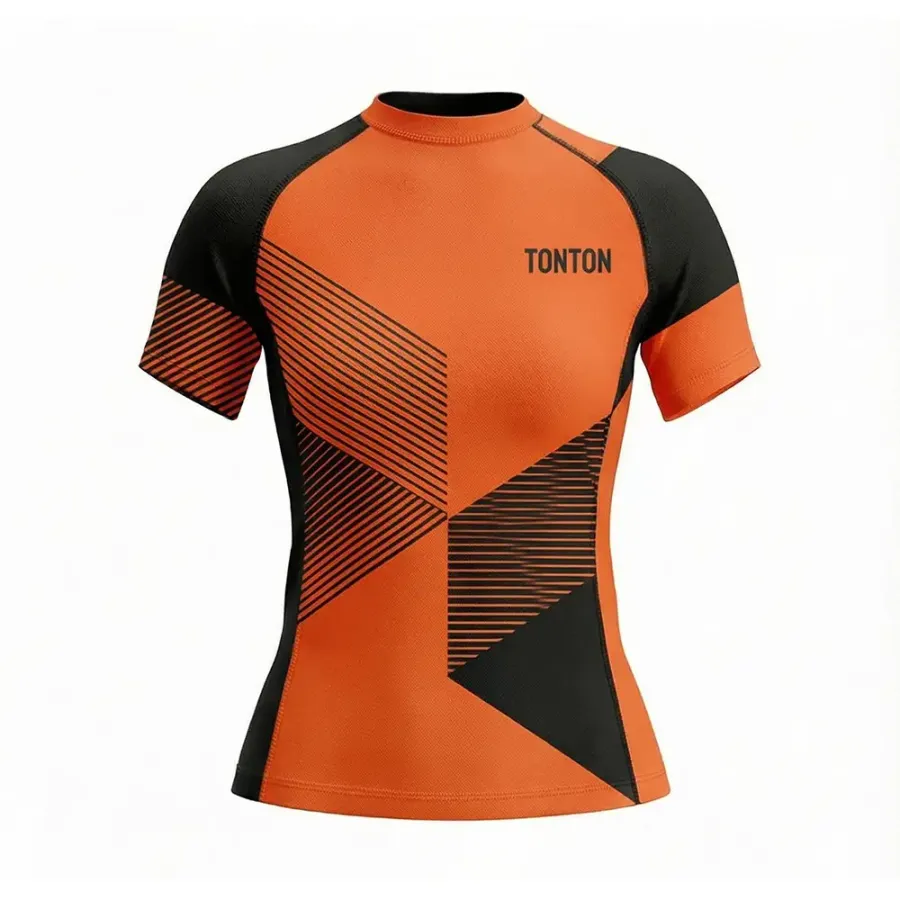 Tonton – Rash Guard de Luptă pentru Femei, Portocaliu și Negru cu Motive Geometrice – Protecție Împotriva Arsurilor pe Covorul de Antrenament, cu Compresie Ridicată