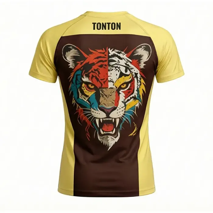 tonton yellow and white custom rash guards back view with tiger face graphic athletic fightwear