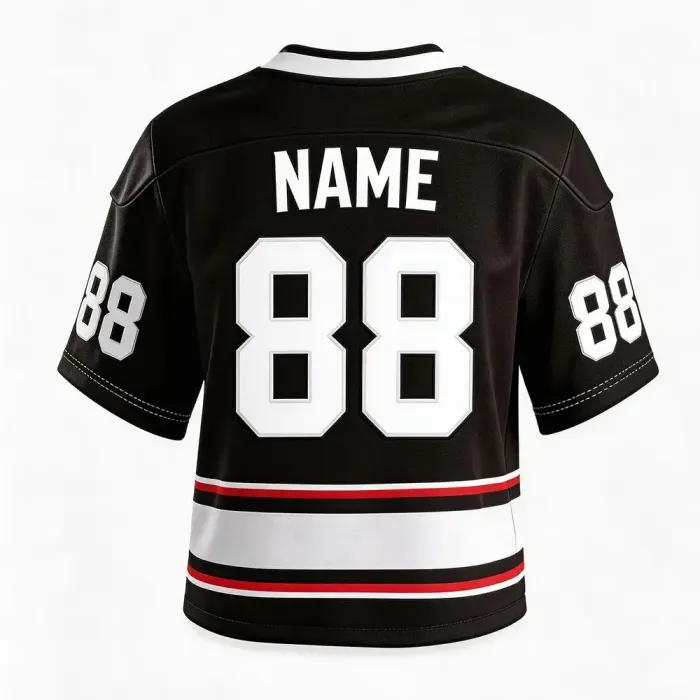 tonton black custom lacrosse game jersey back view with red and white bottom stripes featuring name and number 88