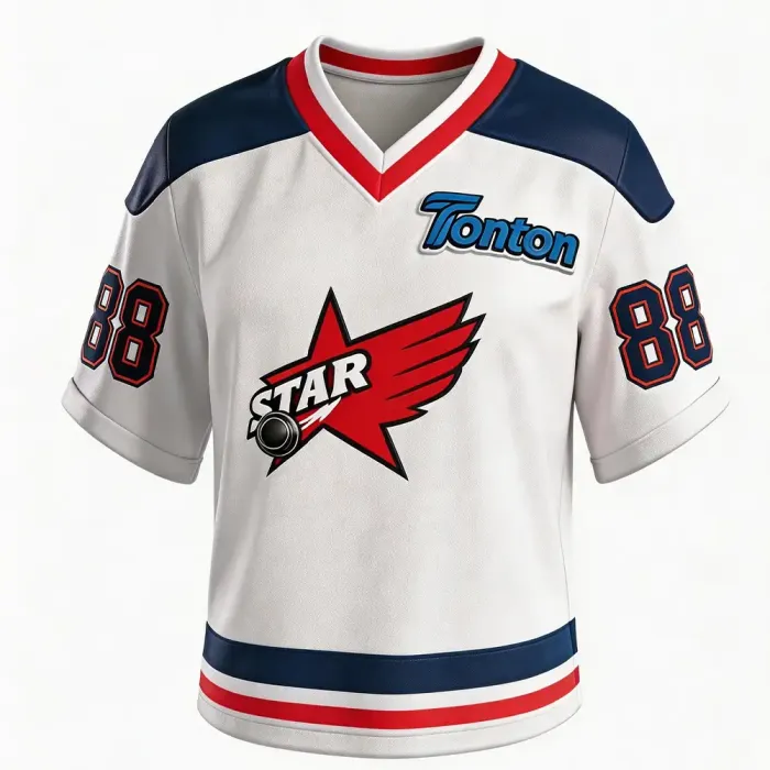 tonton white navy and red custom lacrosse game jersey front view with winged star logo professional team apparel