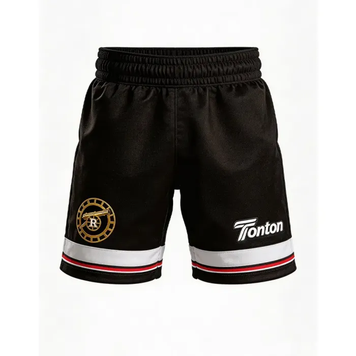 tonton black custom lacrosse game shorts with gold circular logo and bottom stripes premium teamwear