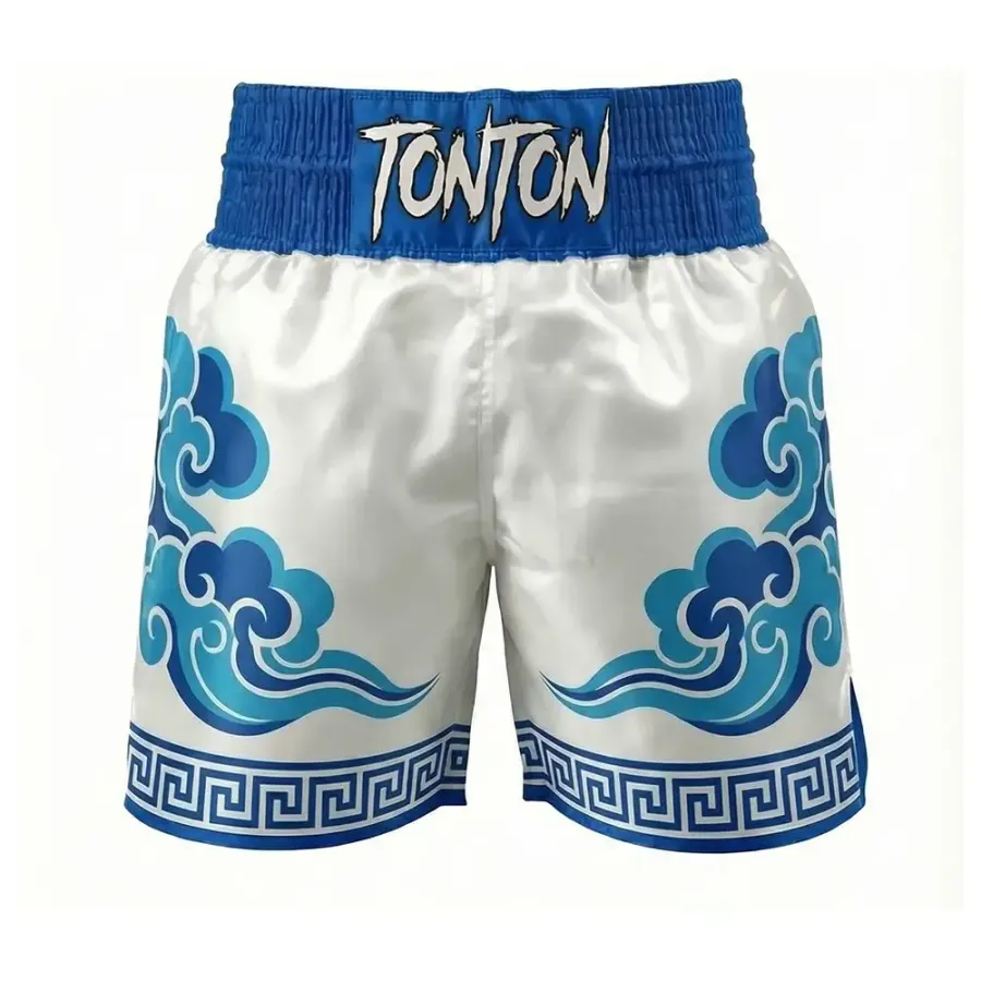Tonton Oriental Wave White – Pantaloni de box pentru bărbați cu desen „Blue Sea”, echipament premium de box din satin