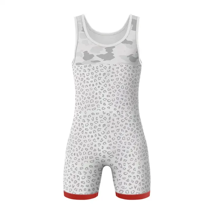 tonton white custom wrestling singlet front view with light grey leopard animal print athletic wear