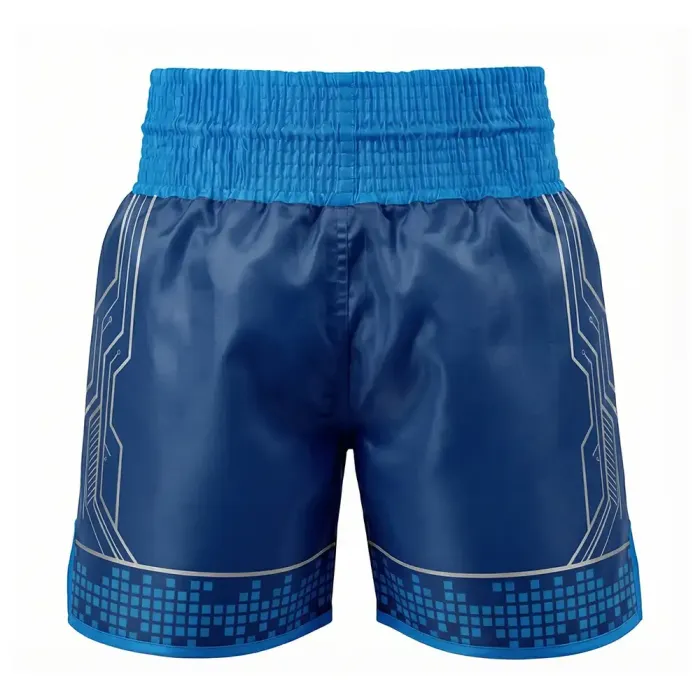 tonton blue custom boxing shorts back view with geometric line details teamwear