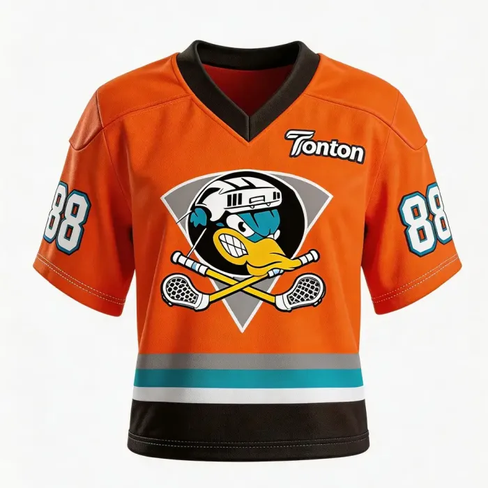 tonton orange and teal custom lacrosse game jersey front view with duck mask mascot logo athletic team uniform