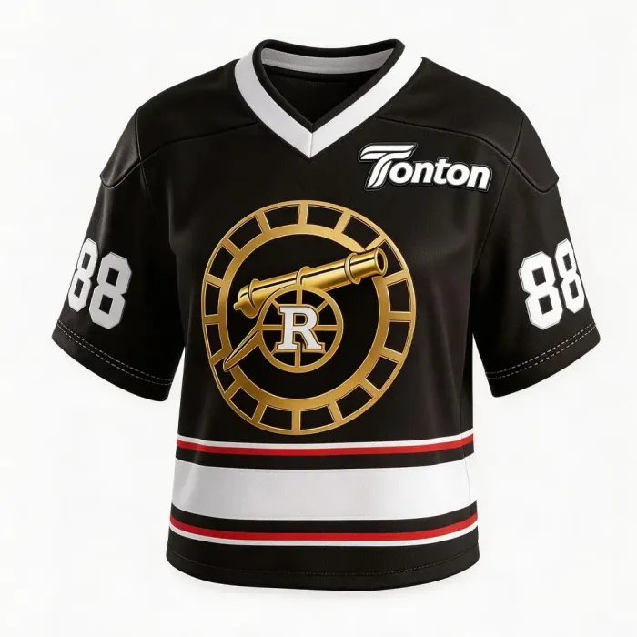 tonton black custom lacrosse game jersey front view with gold circular lacrosse sticks logo premium teamwear