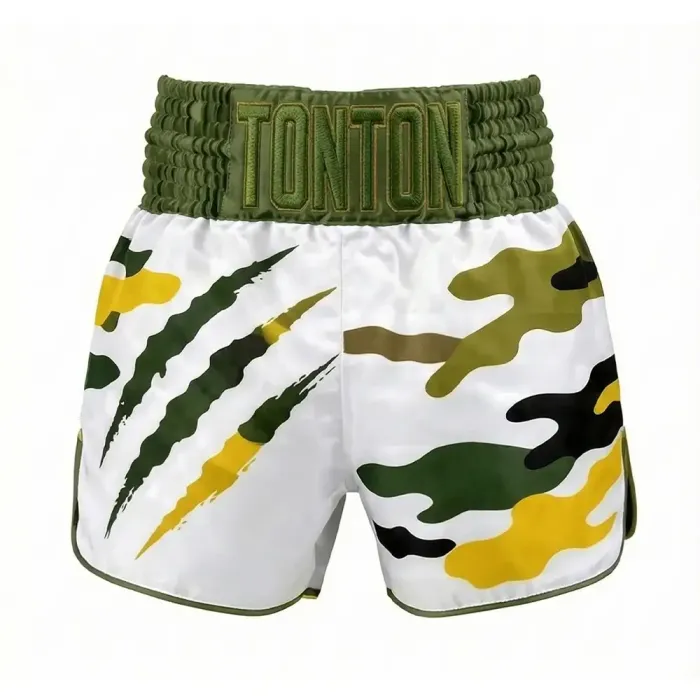 tonton white custom Muay Thai shorts front view with camo pattern and claw marks fightwear