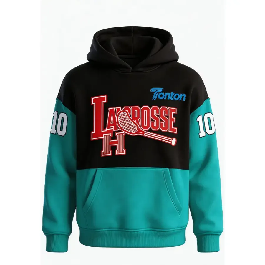 Bluză cu glugă Tonton pentru lacrosse, negru și verde-azuriu cu logo-ul script – manșete și bordură elastică, material călduros cu bumbac interior