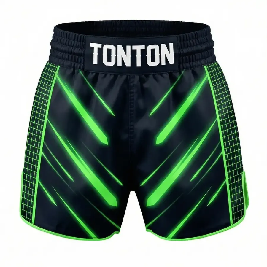 Tonton Cyber Verde Neon Tech – Pantaloni de Muay Thai cu vizibilitate ridicată, pentru performanță maximă, din satin, potriviti pentru kickboxing