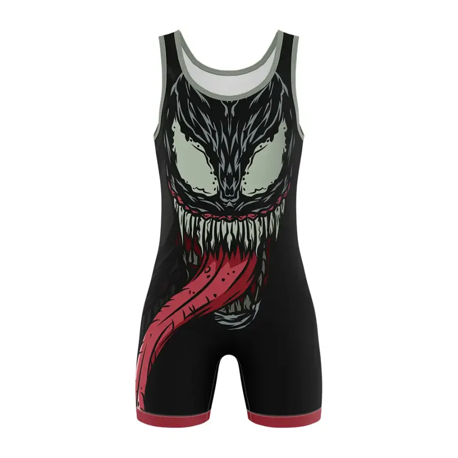 TONTON-Monsterzahn-Grafik-Wrestling-Anzug – Hochspannungs-Lycra für maximale Muskelstütze