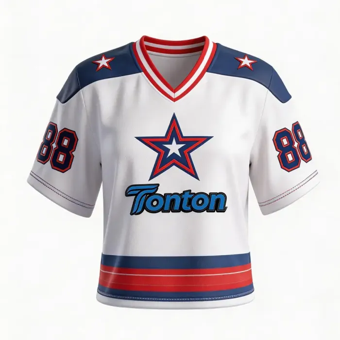 tonton white custom lacrosse game jersey front view with navy blue and red star logo classic sports apparel