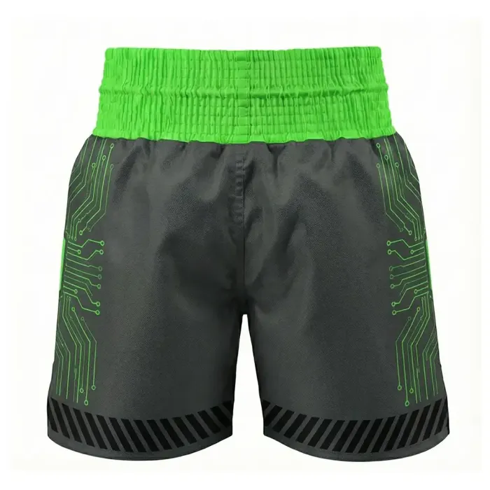 tonton dark grey custom boxing shorts back view with neon green circuit pattern athletic wear