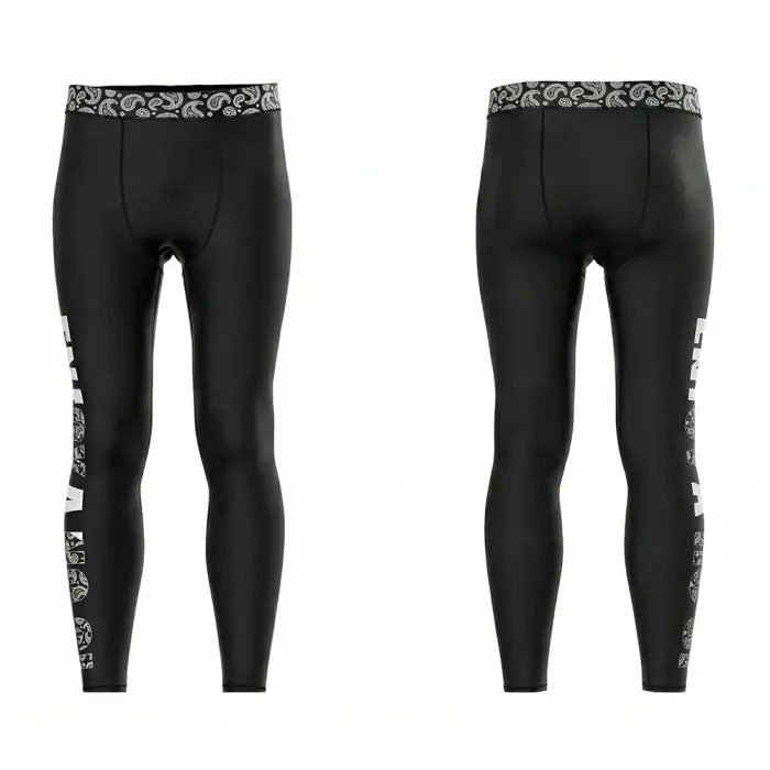 tonton black custom compression spats front view with white graphic on calf seamless fightwear