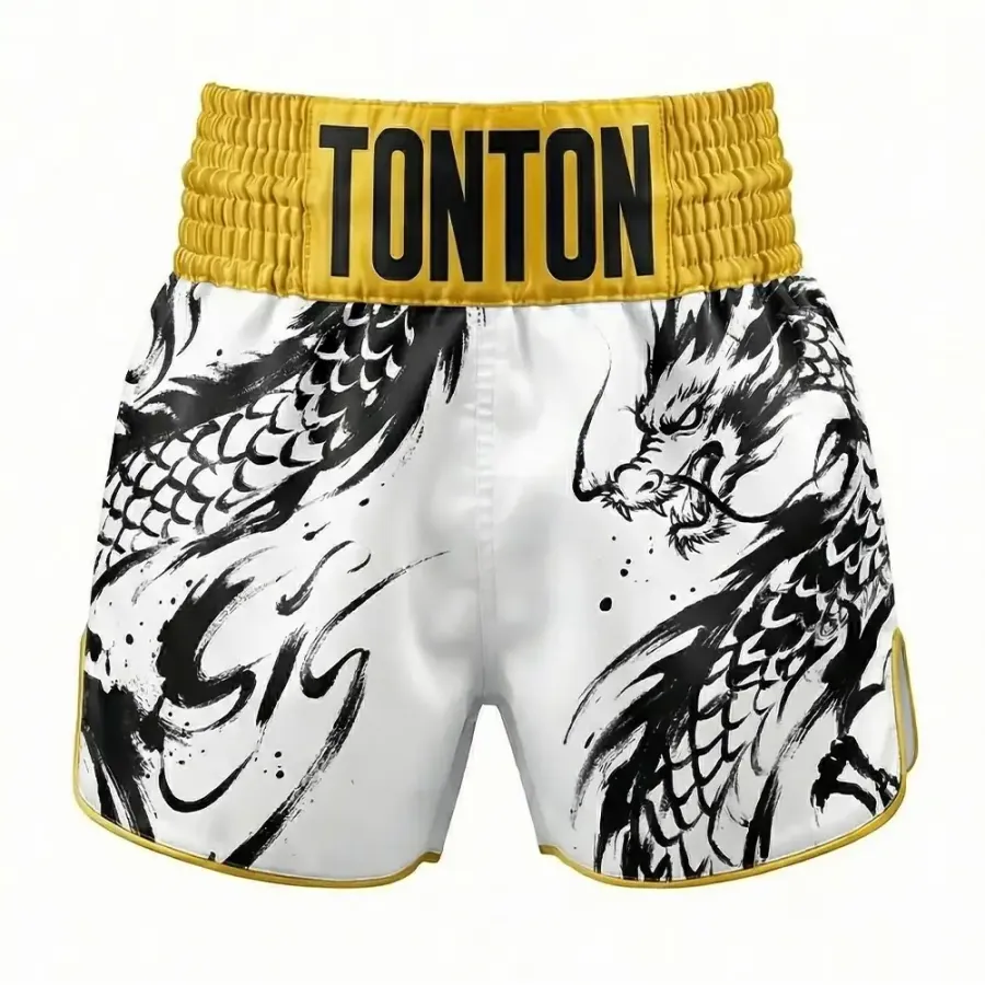 Tonton – Shorts Muay Thai cu motiv tradițional oriental de dragon – echipament optimizat pentru amplitudinea loviturilor cu piciorul