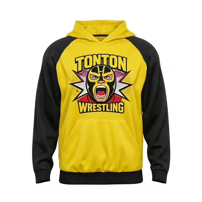 tonton yellow custom wrestling warm-up hoodie front view with black sleeves and lucha libre mask graphic team suit