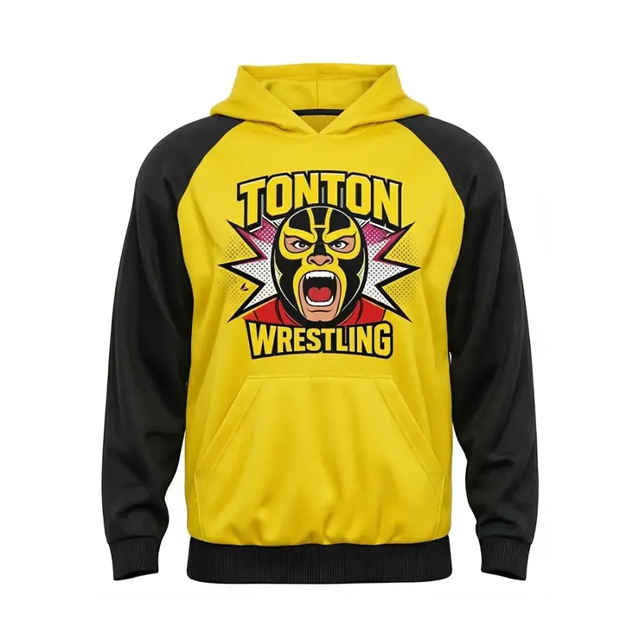 TONTON Gelb Lucha-Libre-Wrestling-Aufwärm-Hoodie – windabweisende Außenhülle mit weichem Futter