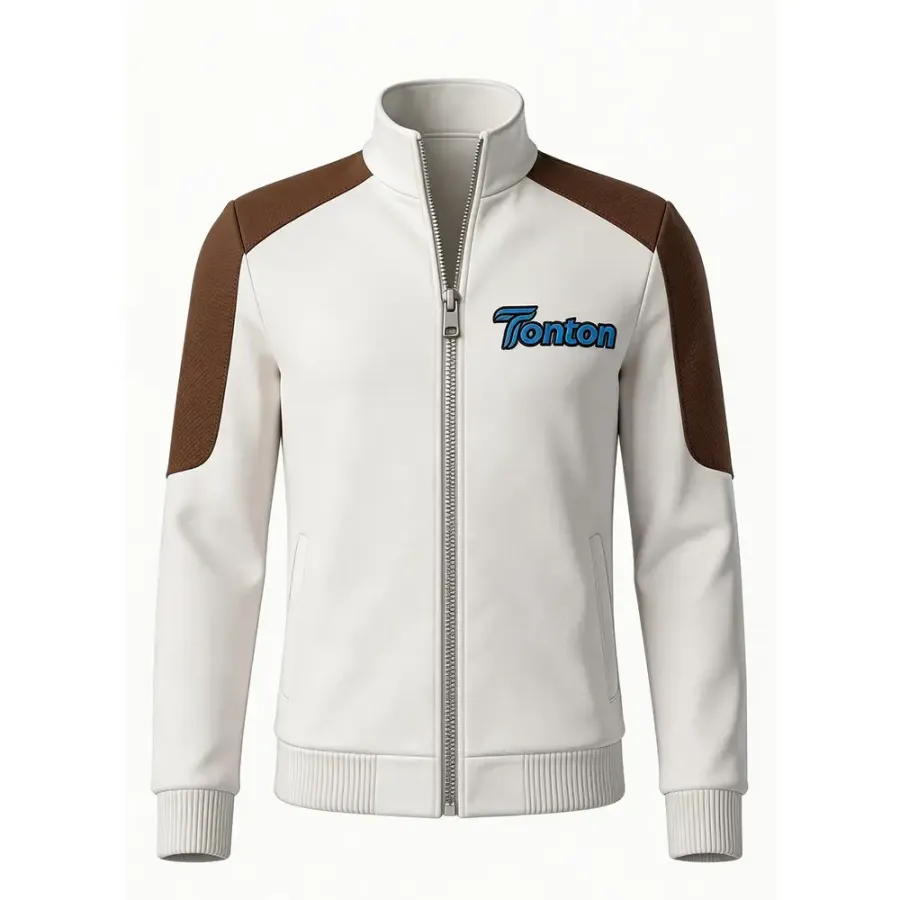 Bluza de încălzire TONTON albă pentru lacrosse cu detalii maro la umeri – îmbrăcăminte cu fermoar complet, căptușită cu blană moale și caldă