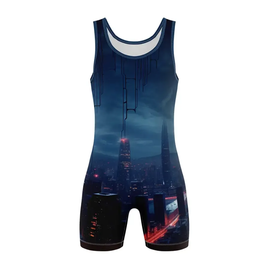 TONTON Future-Cityscape-Sublimations-Wrestling-Singlet – Hochleistungs-Kompressionswear für Spitzen-Grappler