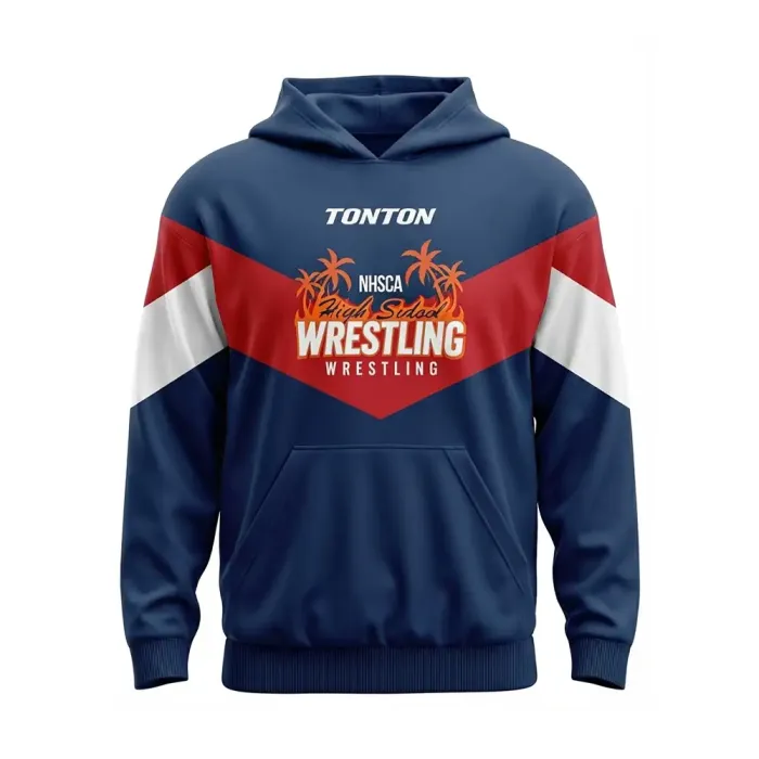 tonton navy blue custom wrestling warm-up suits front view with red and white chevron design athletic hoodie