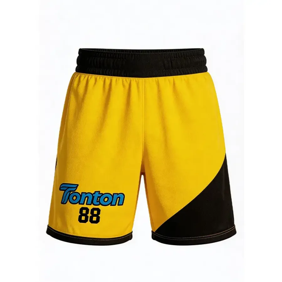Shorts de joc de lacrosse TONTON galben și negru cu despicătură diagonală – echipament de echipă sublimat din Pro-Mesh respirabil
