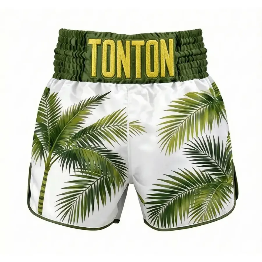 Shorts de kickboxing Tonton Tropical cu motiv de palmier – îmbrăcăminte performantă ușoară și respirabilă din satin