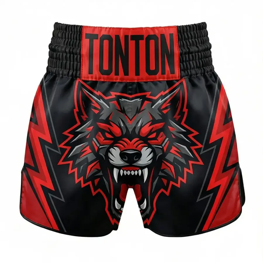 Tonton – Pantaloni de Muay Thai cu mascota „Lupul Furios Roșu” – echipament ușor de kickboxing din satin