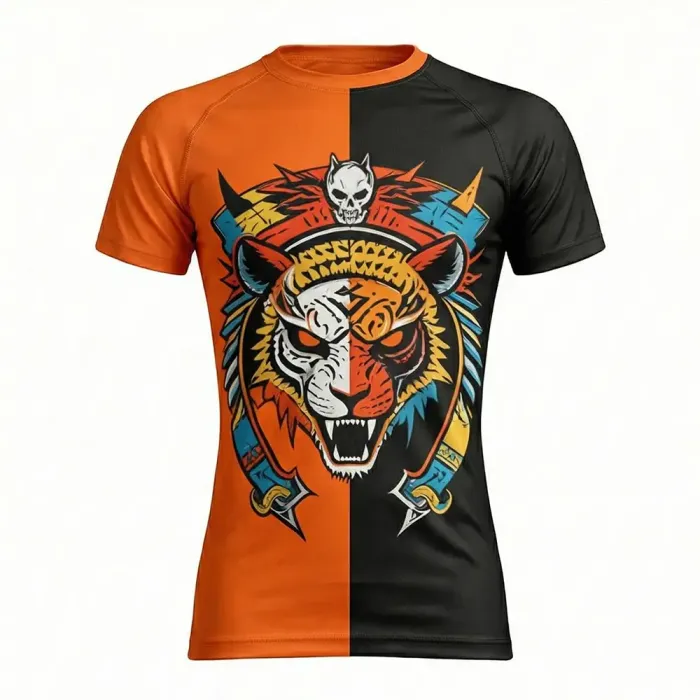 tonton split black and orange custom rash guards front view with aggressive tiger head graphic fightwear