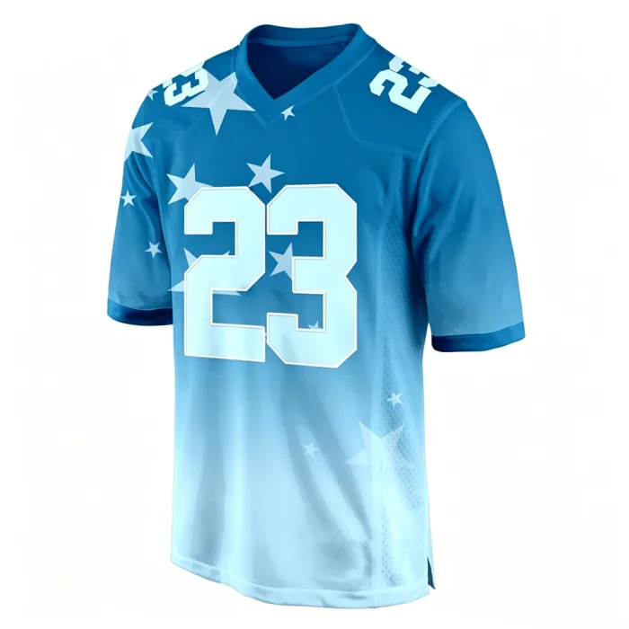 Front view of tonton custom blue gradient American football fan jersey with star patterns and number 23.