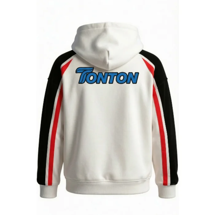Back view of tonton white and red team track jacket featuring a stylish blue brand logo across the shoulders.