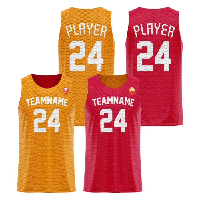 Front view and back view of tonton athletic reversible basketball jersey in gold and red, featuring a mesh knit texture, round neck, and bold white numbering.