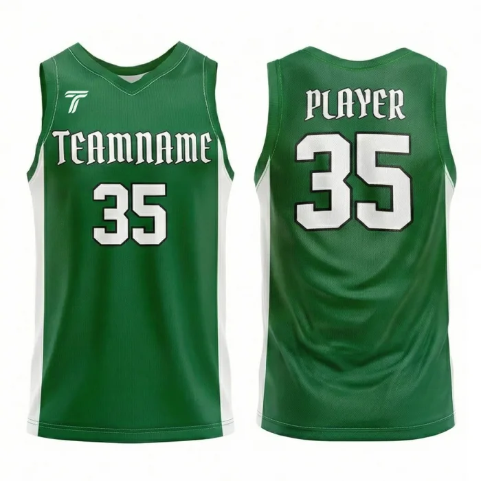 Front view and back view of tonton forest green basketball practice jersey with white side panels, V-neck, and bold white numbering.