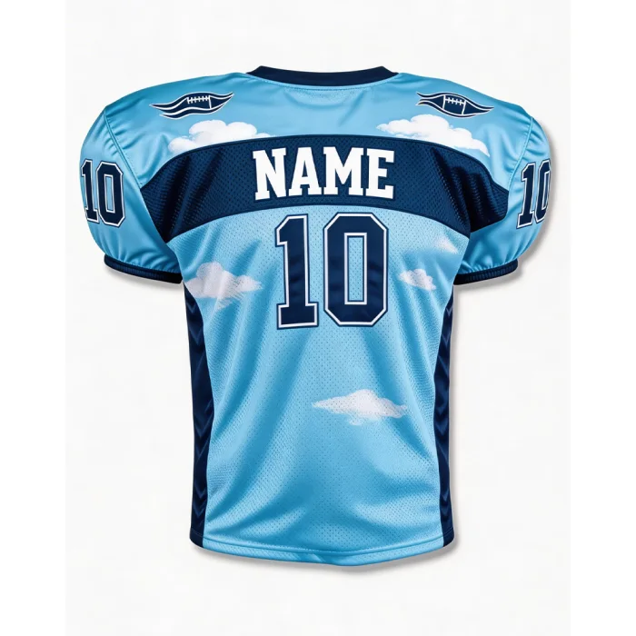 Back view of tonton custom cloud-print football practice top with player name, navy blue numbering, and athletic mesh.