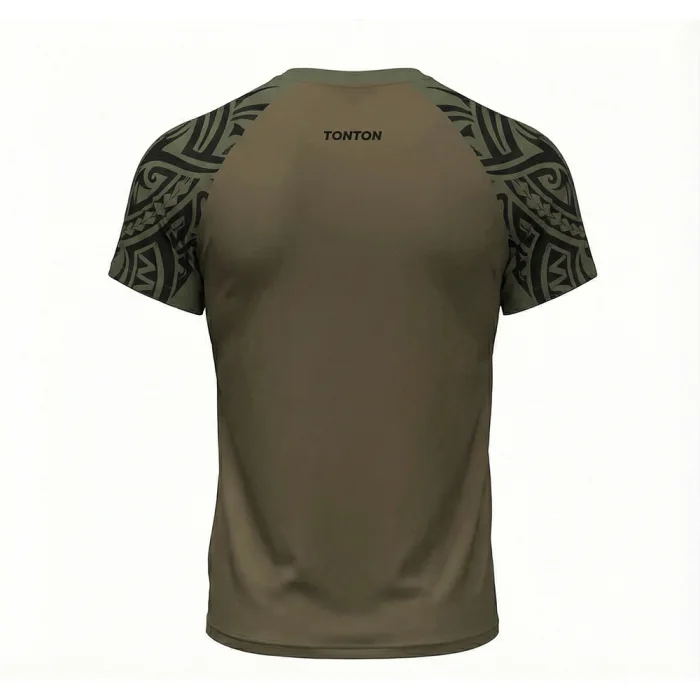 tonton olive green fightwear back view with tribal patterned sleeves for men