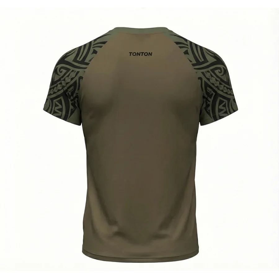 tonton olive green fightwear back view with tribal patterned sleeves for men