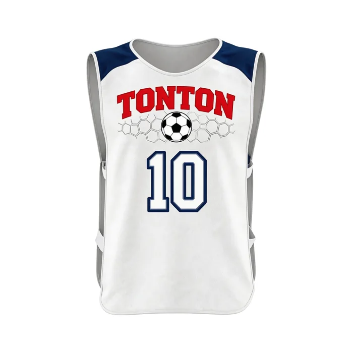 Front view of tonton white soccer training bib with navy shoulders, red text, and a central soccer ball icon.