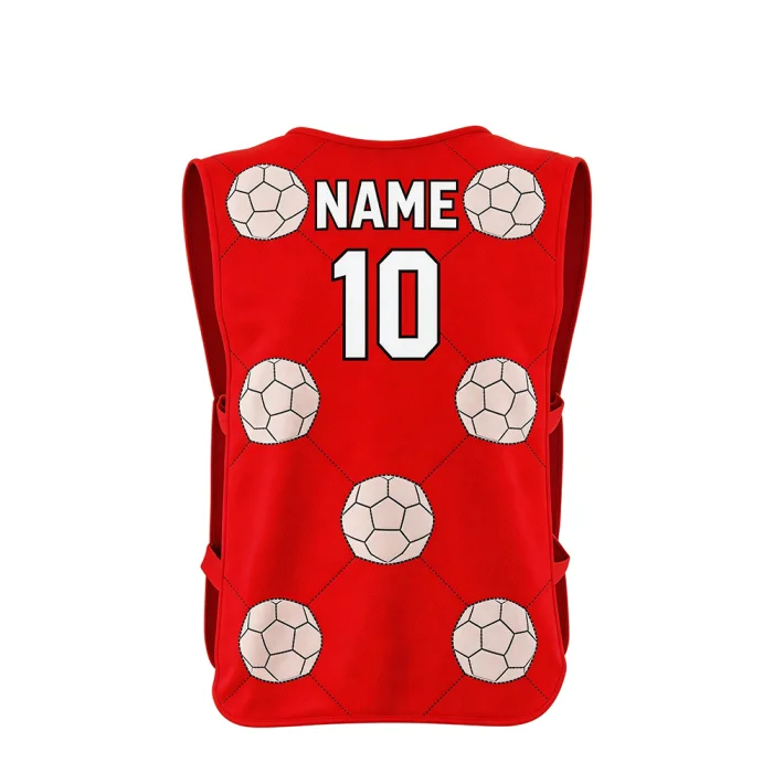 Back view of tonton red custom soccer bib with soccer ball graphics, name, and number 10.