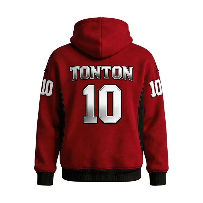Back view of tonton professional maroon warm-up hoodie with 3D metallic "TONTON 10" player numbering.