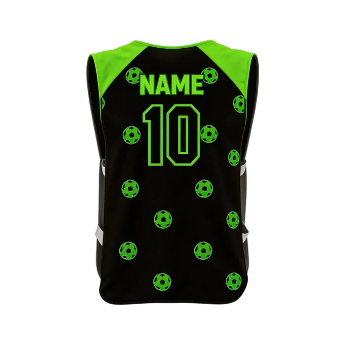 Back view of tonton black custom training bib with neon green accents, name, and number 10.