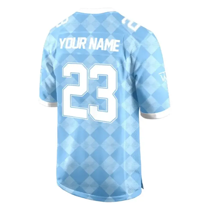 Back view of tonton custom blue diamond print fan wear featuring "YOUR NAME" and number 23.