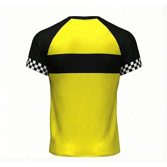 tonton yellow and black fightwear back view with horizontal stripe and checkered sleeves