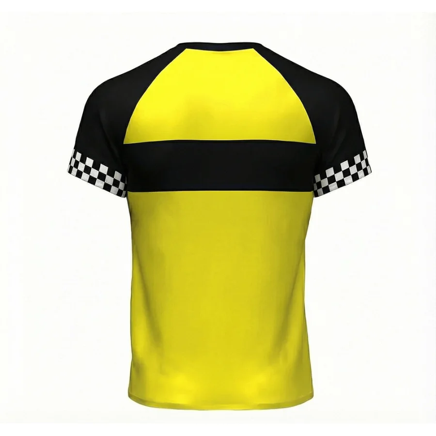 tonton yellow and black fightwear back view with horizontal stripe and checkered sleeves