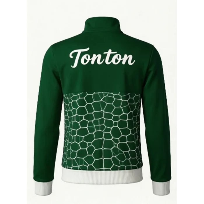 Back view of tonton custom green jacket with "Tonton" text and lower back geometric texture.