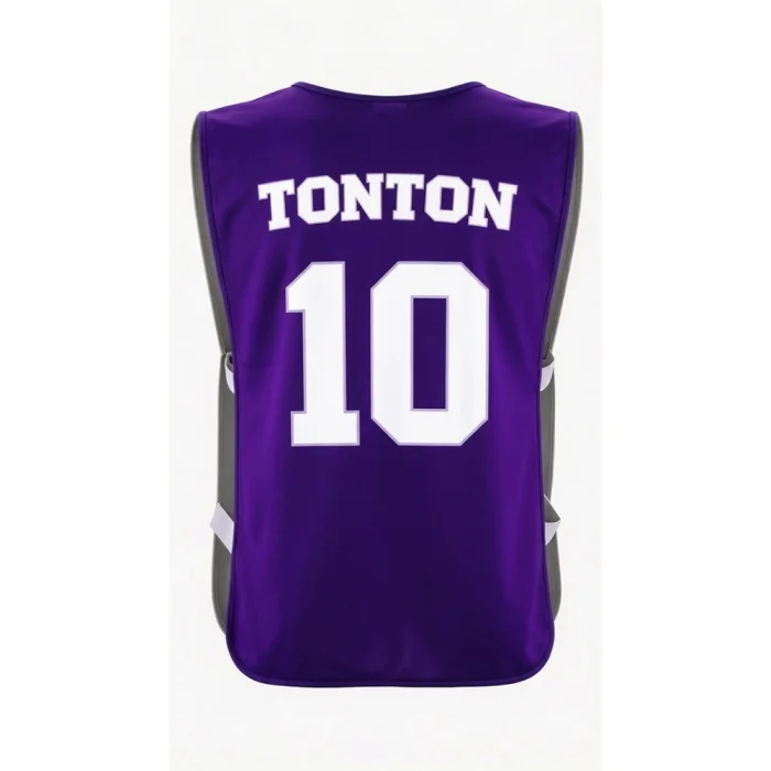 Back view of tonton purple athletic training bib with bold white "TONTON" and number 10.