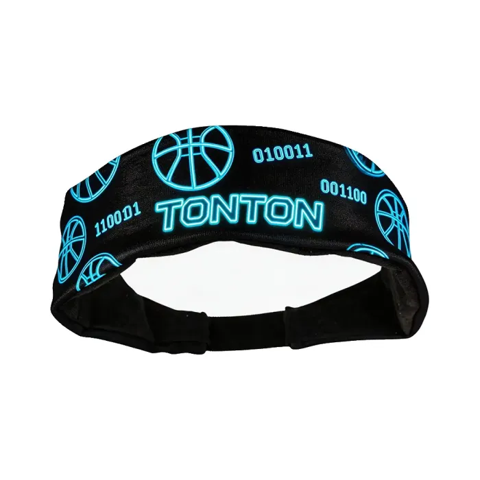 tonton athletic headband in black featuring cyan blue basketball icons and binary code patterns with a glowing effect logo.
