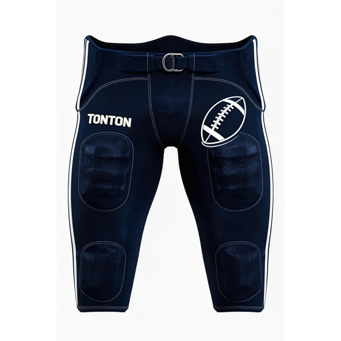 Front view of tonton navy blue integrated football pants featuring triple white side stripes and built-in protective pads.