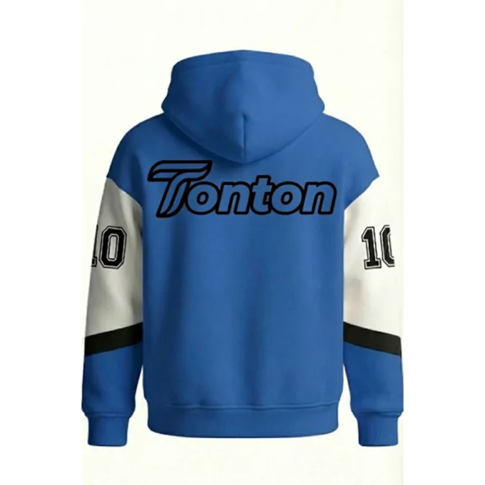 Back view of tonton blue team warm-up hoodie featuring a large grey and black brand logo for team identity.