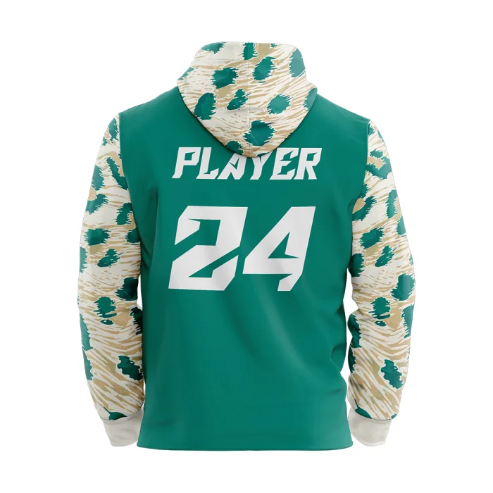Back view of tonton custom teal hoodie with leopard pattern hood and sleeves featuring white player name and number 24.